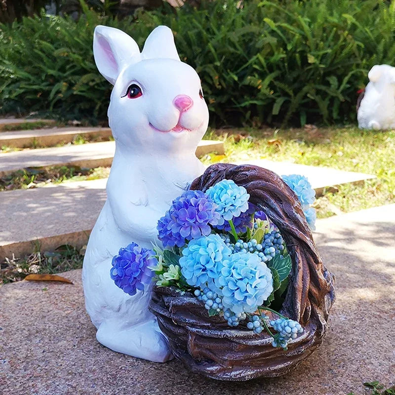 Statues lapins décoratifs fleurs artificielles blanc rose bleu texture fourrure
