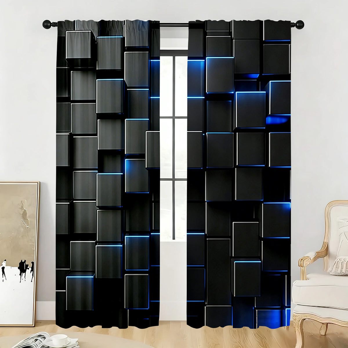 rideau noir bleu cubes géométriques moderne polyester fenêtre 60x150cm 75x166cm 105x230cm 130x210cm