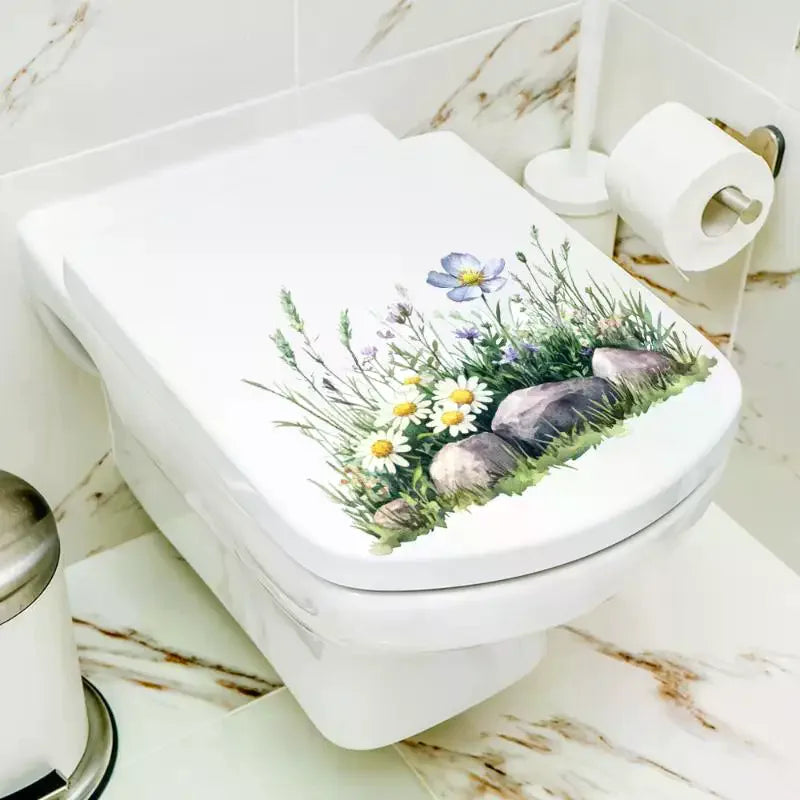 cache wc autocollant fleurs tulipes pivoines papillons herbe roches blanc naturel salle bain décoration