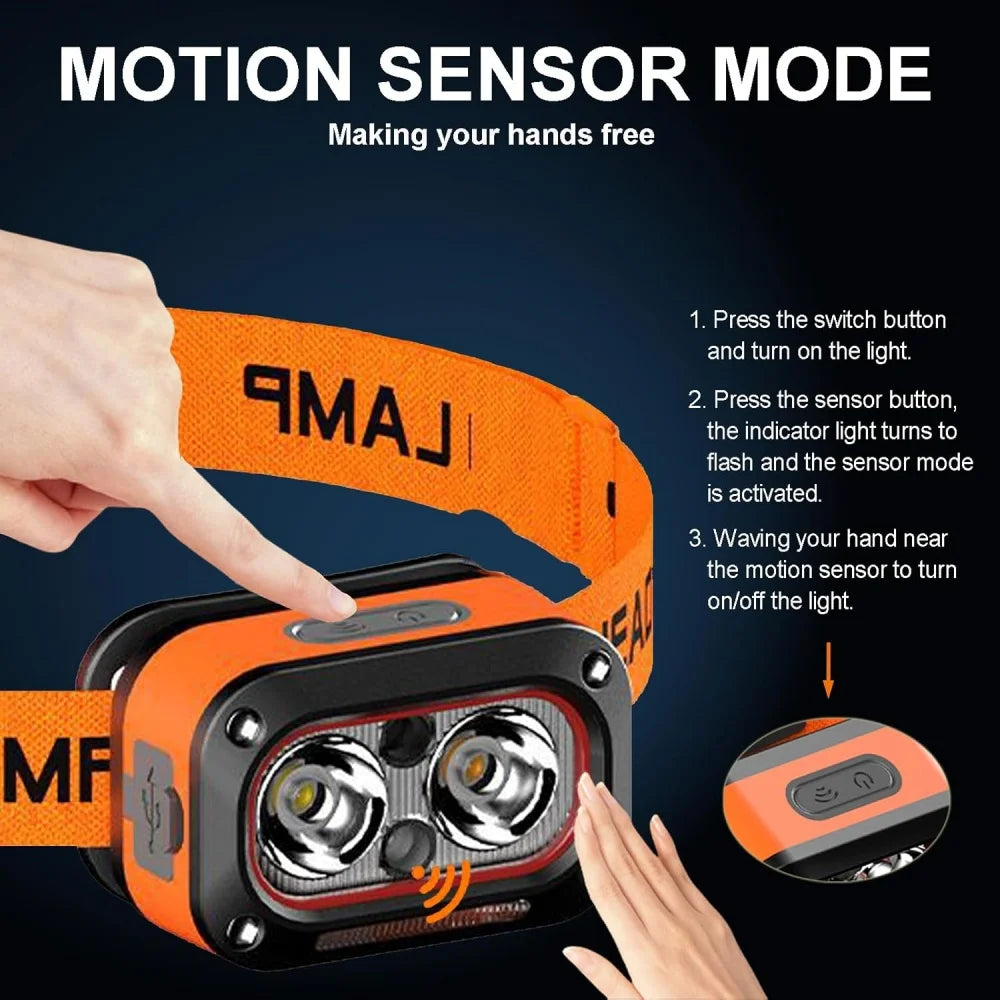 lampe frontale led rechargeable orange bande élastique modes d'éclairage étanche capteur mouvement camping pêche