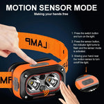 lampe frontale led rechargeable orange bande élastique modes d'éclairage étanche capteur mouvement camping pêche