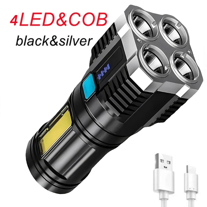 lampe torche rechargeable 5w led noire argentée texturée camping lecture nocturne