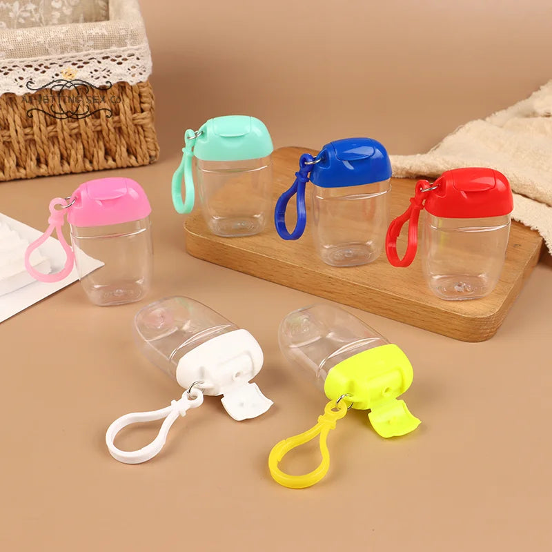 bouteille rechargeable transparente moderne 30ml anneau fixe couvercle bleu rose noir blanc jaune