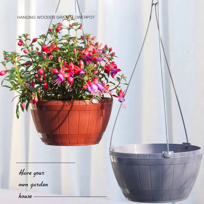 Pots suspendus fleurs plastique pp rayures bois gris marron moderne rustique okolets métalliques