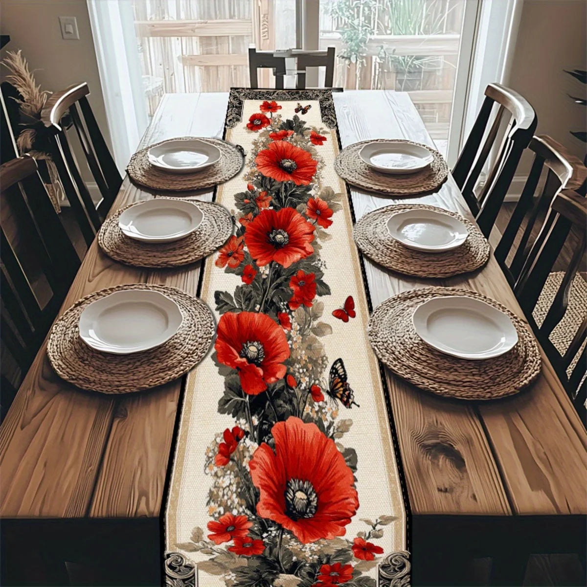tableau décoratif floral motif papillons fleurs pavots couleurs vives polyester rouge vert cuisine restaurant