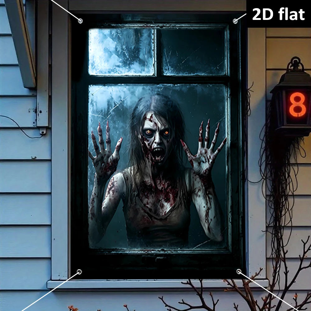 décoration murale halloween zombie visage brisé noir gris blanc effrayante polyester durable