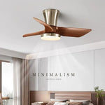 ventilateur moderne led télécommande lumière marron bois pales argentées minimaliste