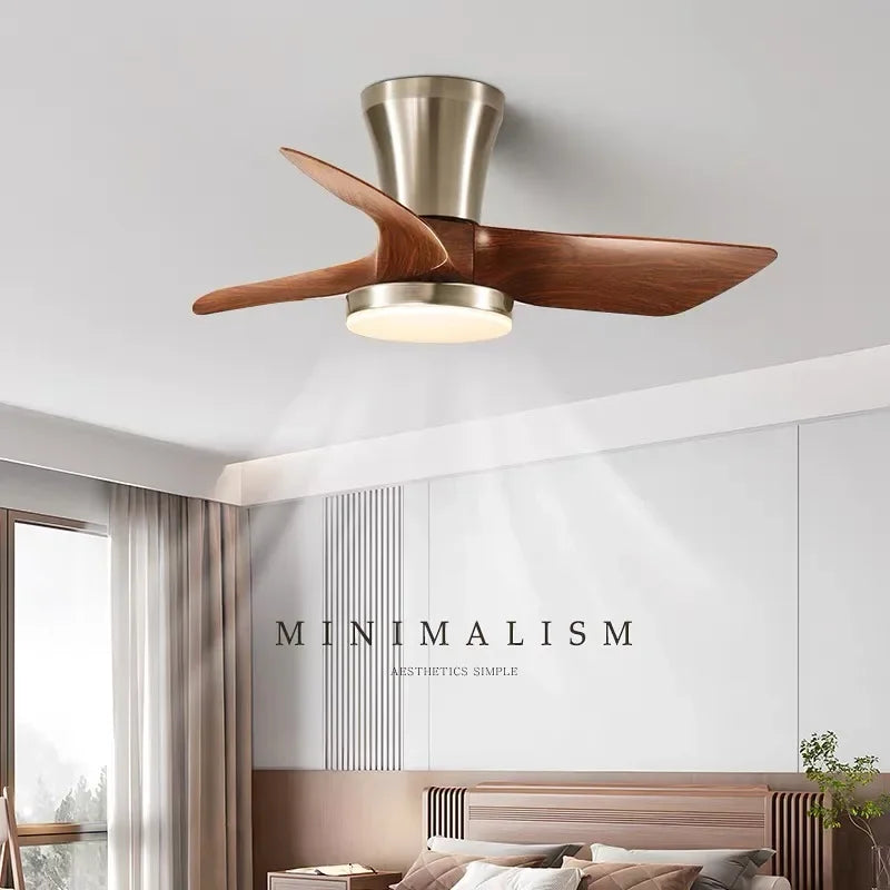 ventilateur moderne led télécommande lumière marron bois pales argentées minimaliste