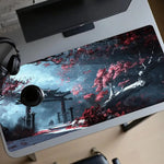 tapis souris gaming paysage oriental arbres fleuris bleu noir rouge