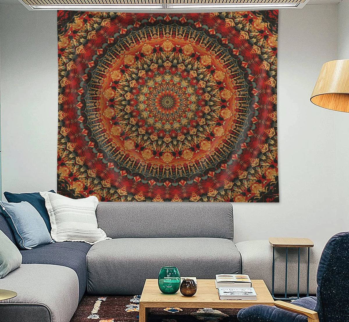 tapisserie murale mandala bohème bleu orange noir éléphant géométrique polyester rectangle
