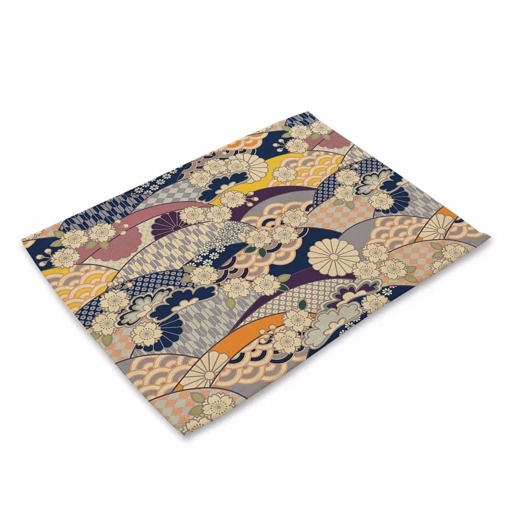 tapis table art japonais traditionnel fleurs motifs géométriques bleu vert rouge beige