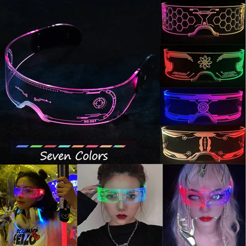 lunettes lumineuses led futuristes transparentes paillettes circuit imprimé élastique fête rave club nuit