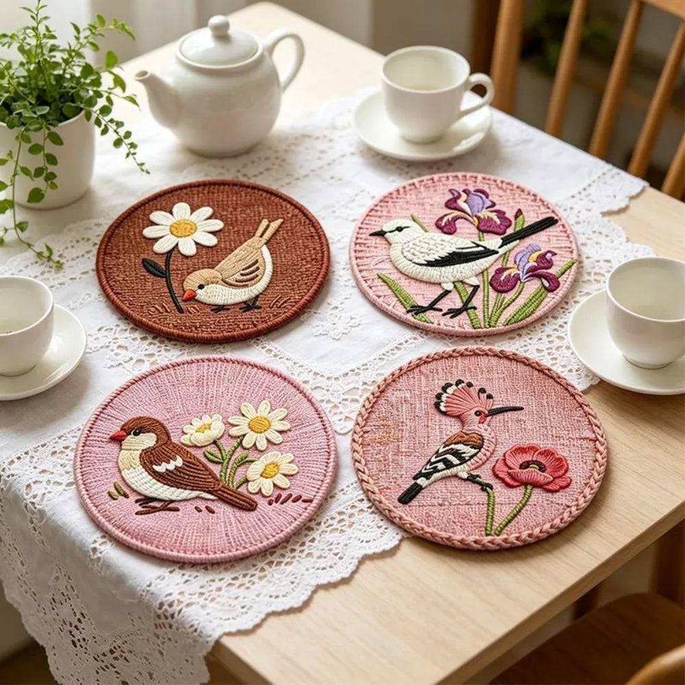 coasters oiseaux fleurs brodés rose marron beige tissu imitation chanvre traditionnels résistants chaleur