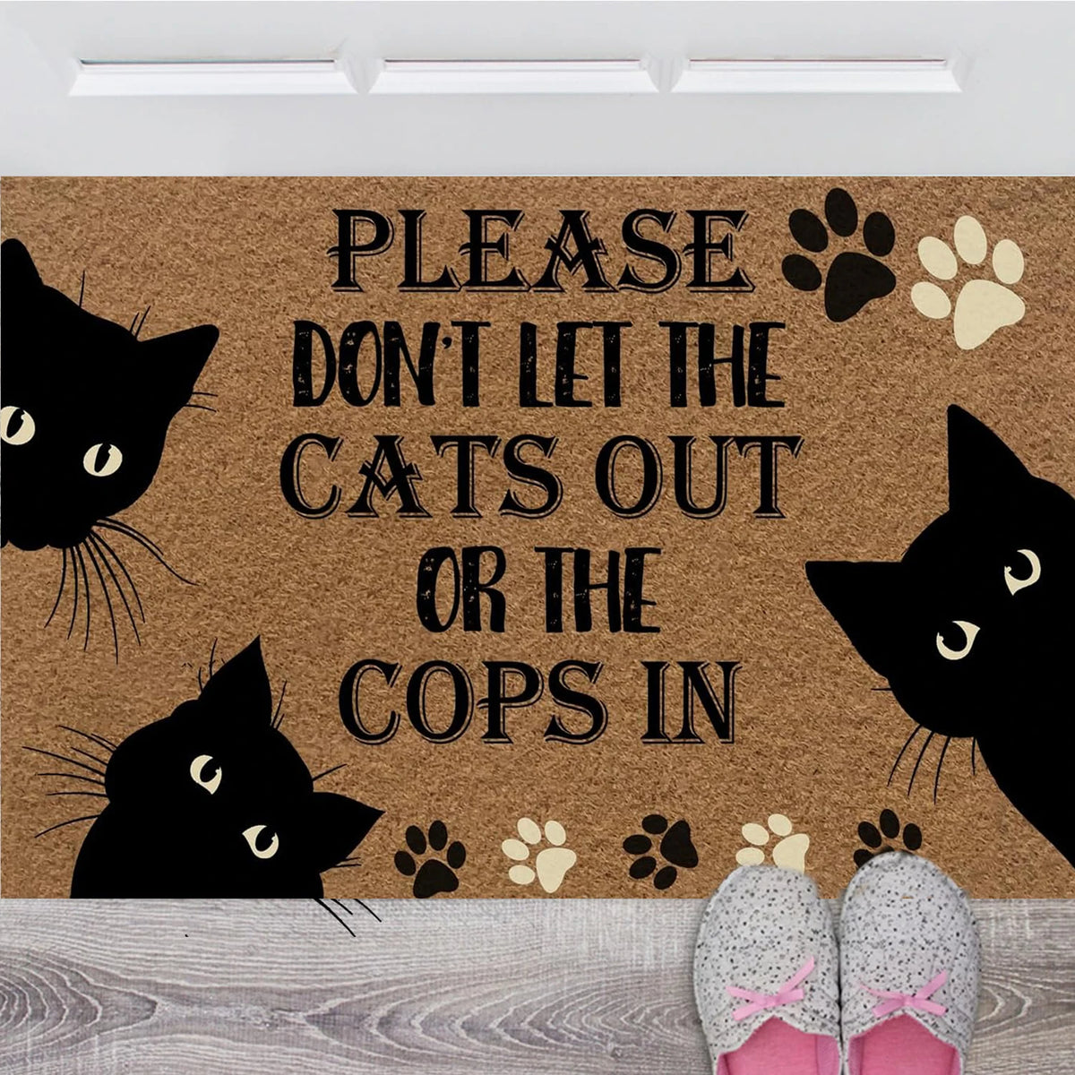 tapis d'entrée antidérapant marron chats noirs humour extérieur sol résistant bactéries