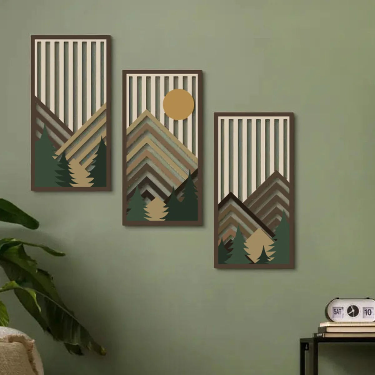 décoration murale moderne abstraite bois géométrique cercles arcs motifs végétaux montagnes minimalistes tableaux