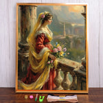 toile peinte scénique point croix femme élégante bouquet fleurs paysage urbain cadre doré package
