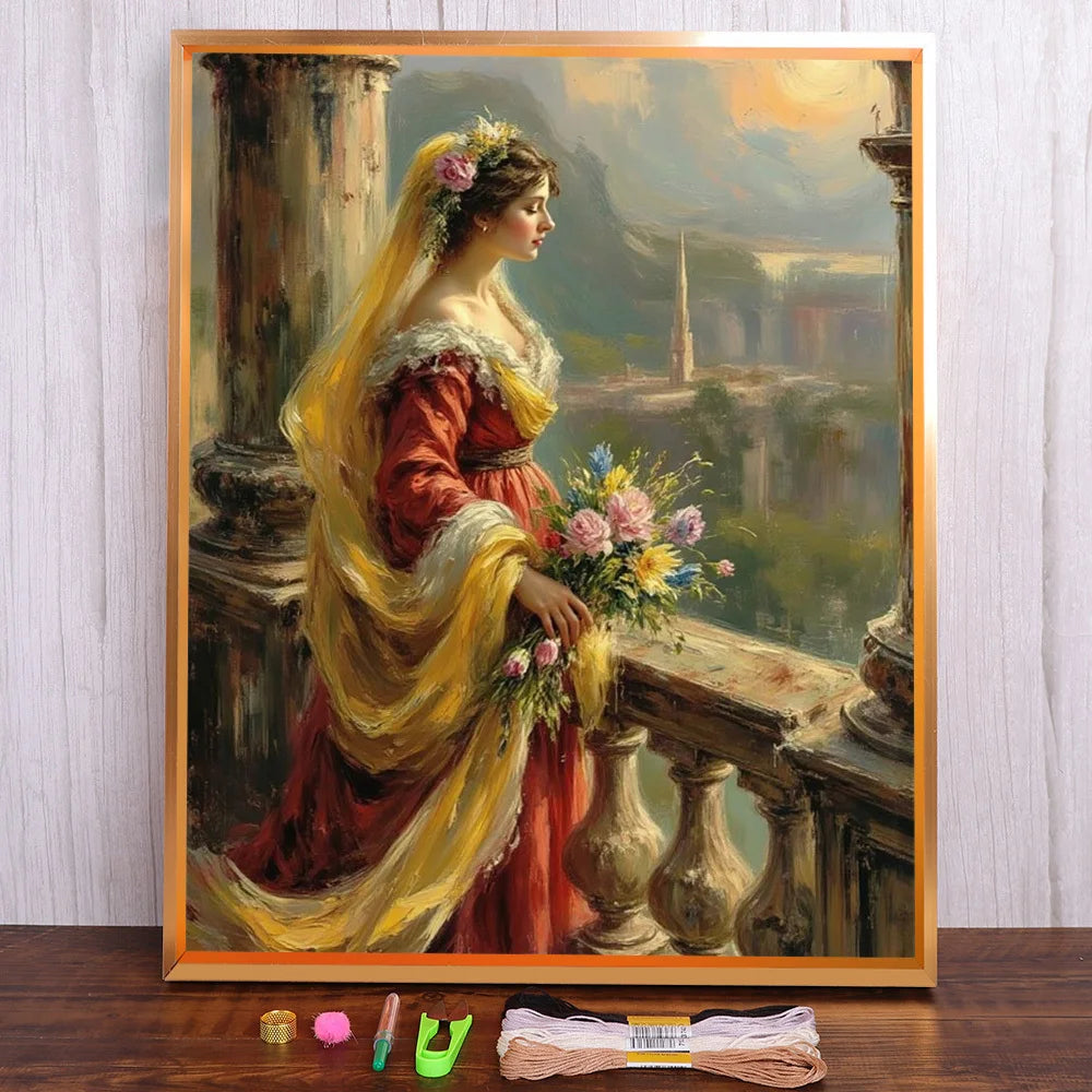 toile peinte scénique point croix femme élégante bouquet fleurs paysage urbain cadre doré package