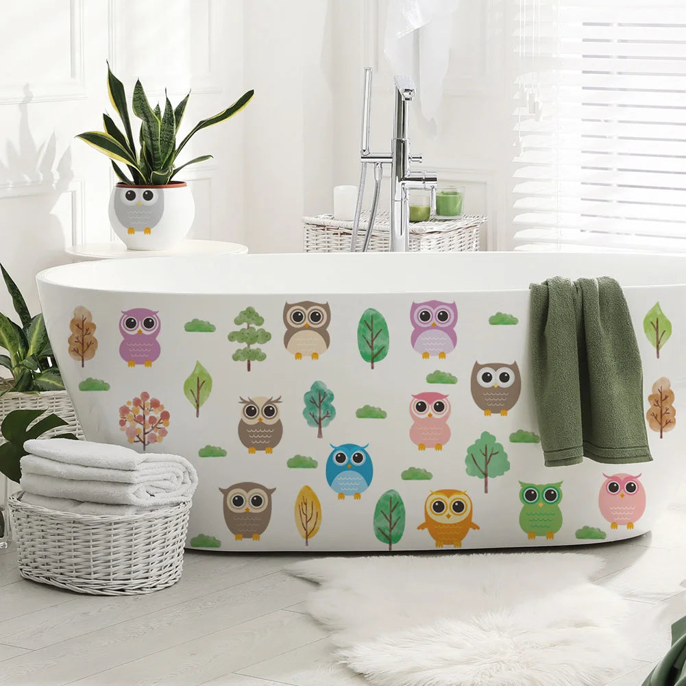 stickers muraux hiboux arbres nuages bleu vert enfantin adhésifs salon décoration chambre fond