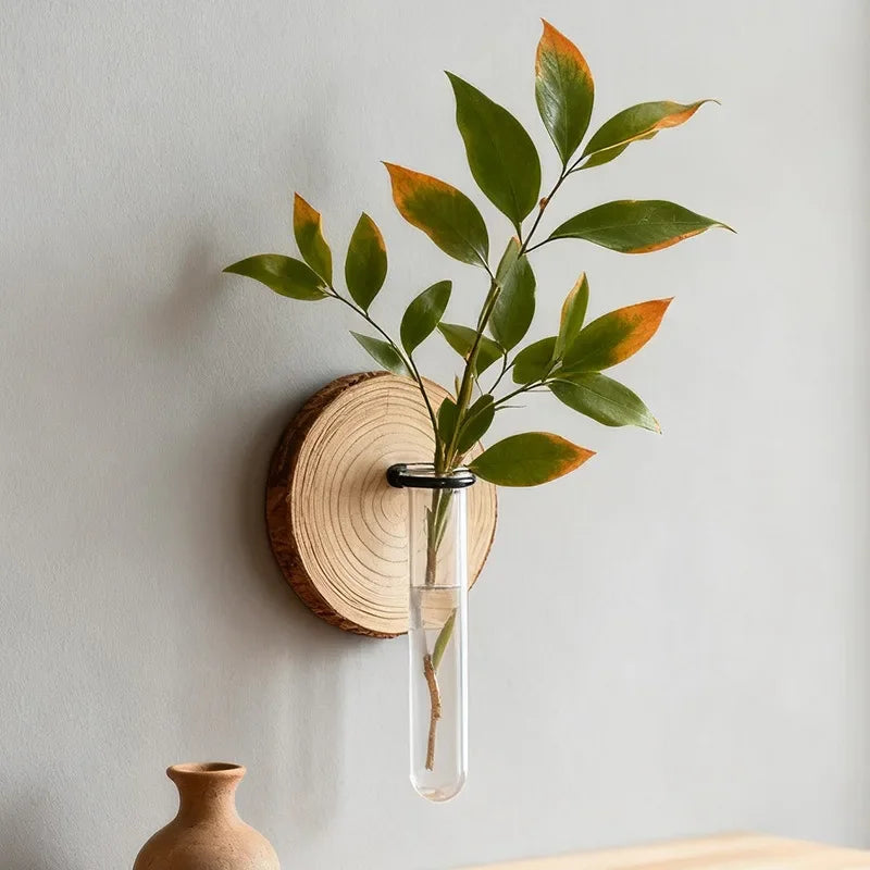 vase verre transparent support bois feuilles vertes deco murale moderne naturelle fixations rustic minimaliste