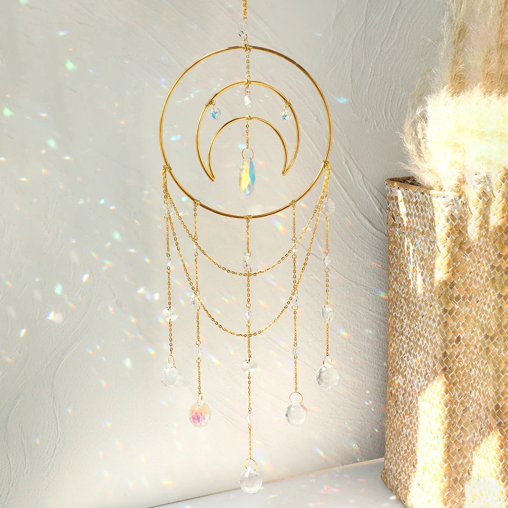 mobile solaire cristal or spirale chaînettes boho chic deco extérieure attrape soleil facettes