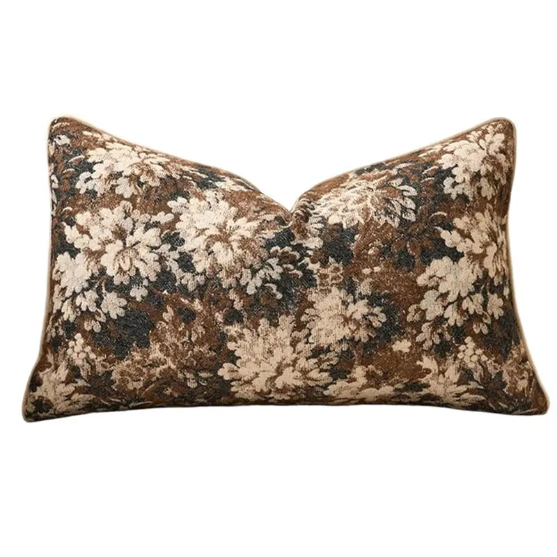 housse coussin motif floral vintage beige marron fourrure opaque farmhouse décoration canapé sofa
