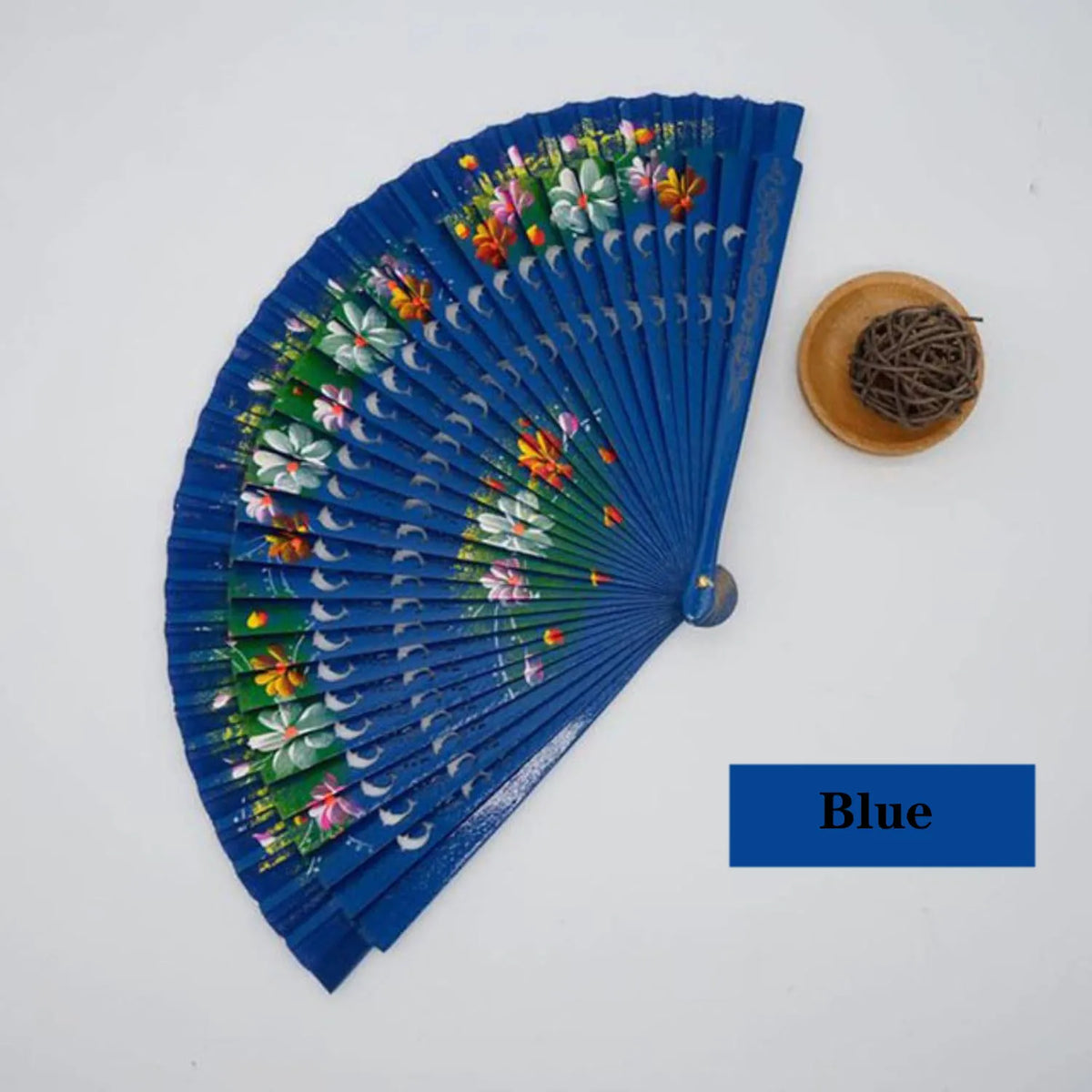 éventail traditionnel bois motif fleurs géométriques rouge bleu rose vert Jaune Noir
