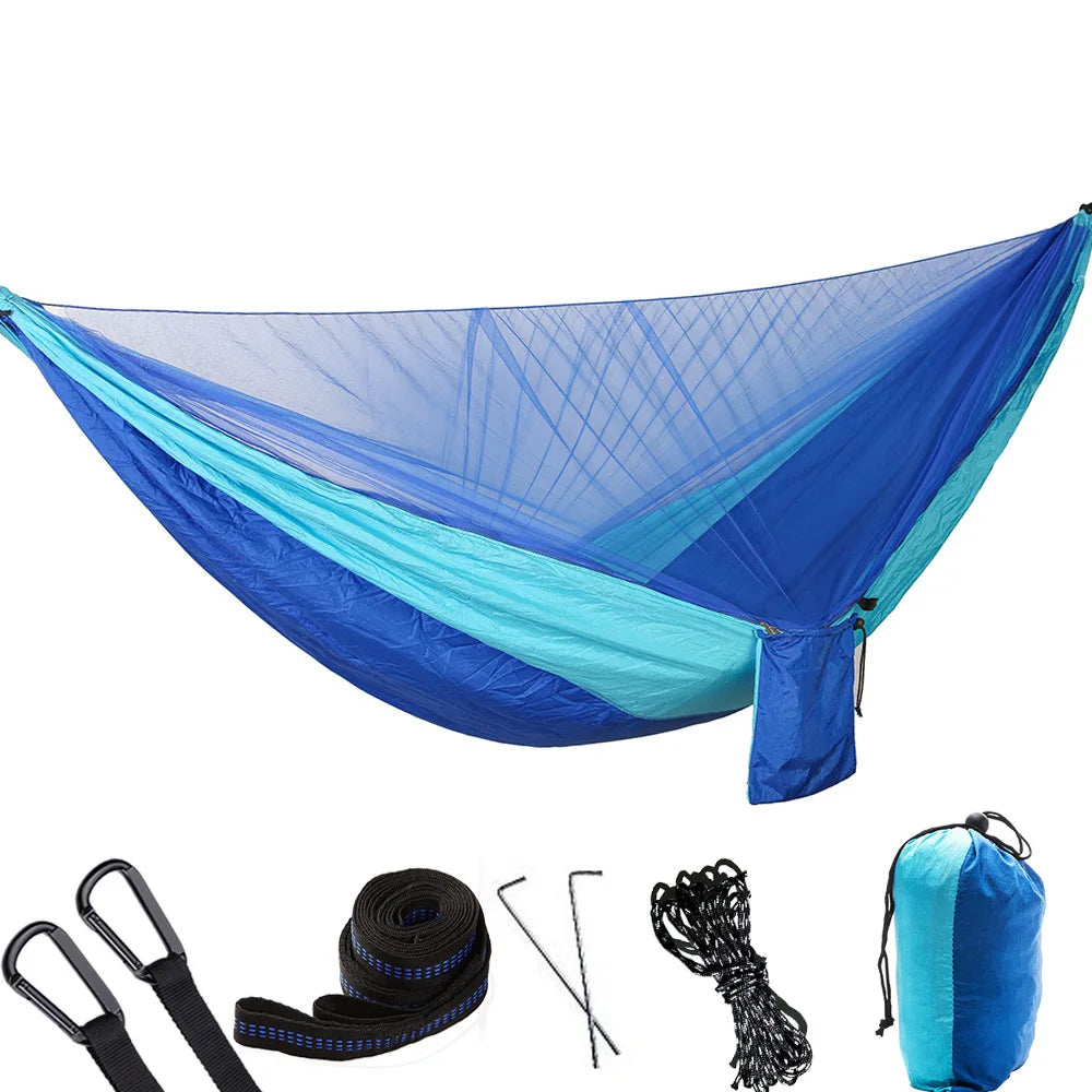 hamac deux personnes vert olive parachute léger filet antimosquitos carabines inox piquets aluminium sac