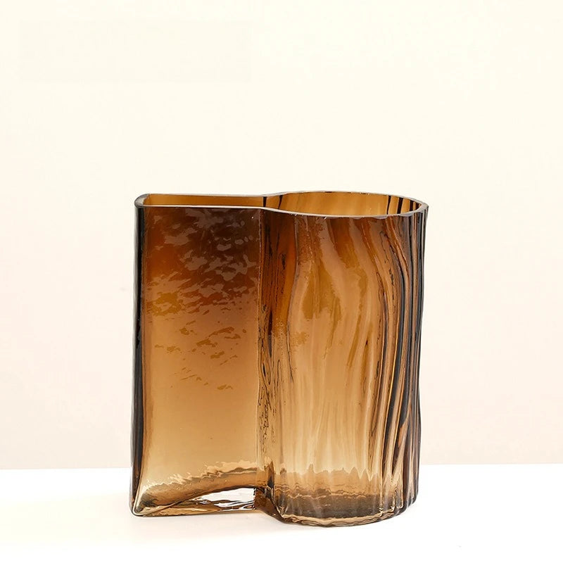 vase verre moderne marron rayures ondulées table fleurs séchées hydroponie ornement