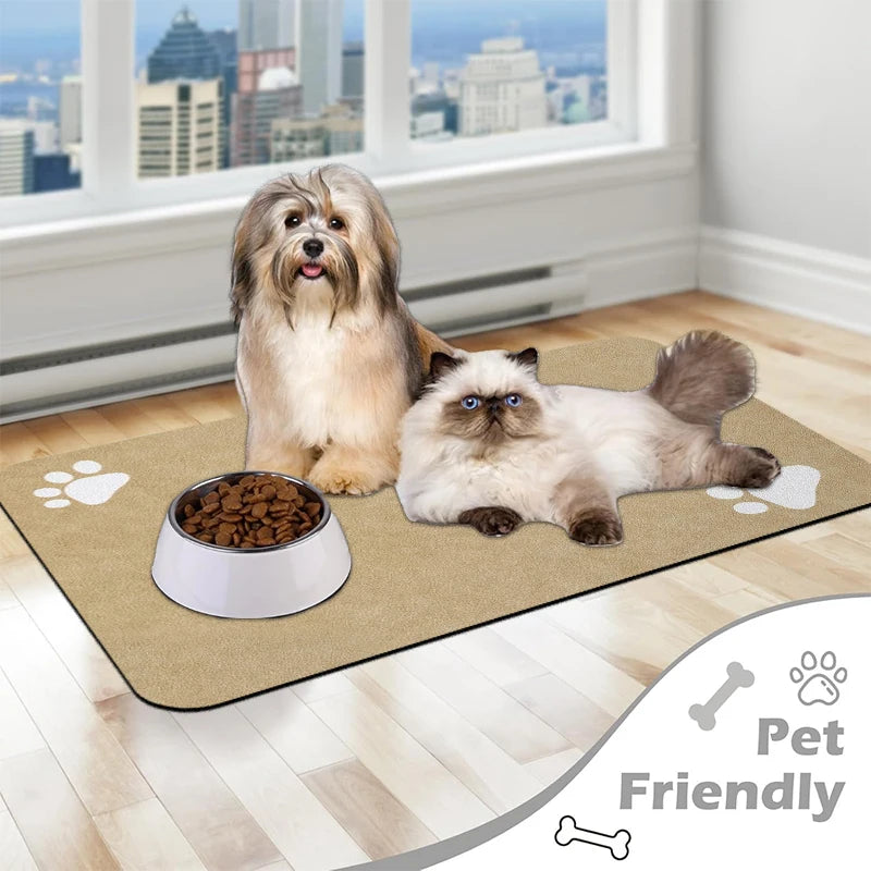 tapis nourriture animal imprimé pattes moderne beige clair rapide séchage bol