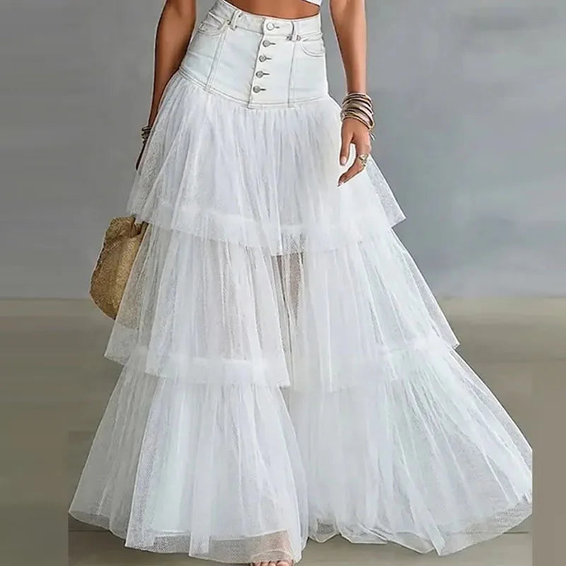 Jupe tulle multicolore bohème romantique volants blanc gris bleuclair bleufoncé