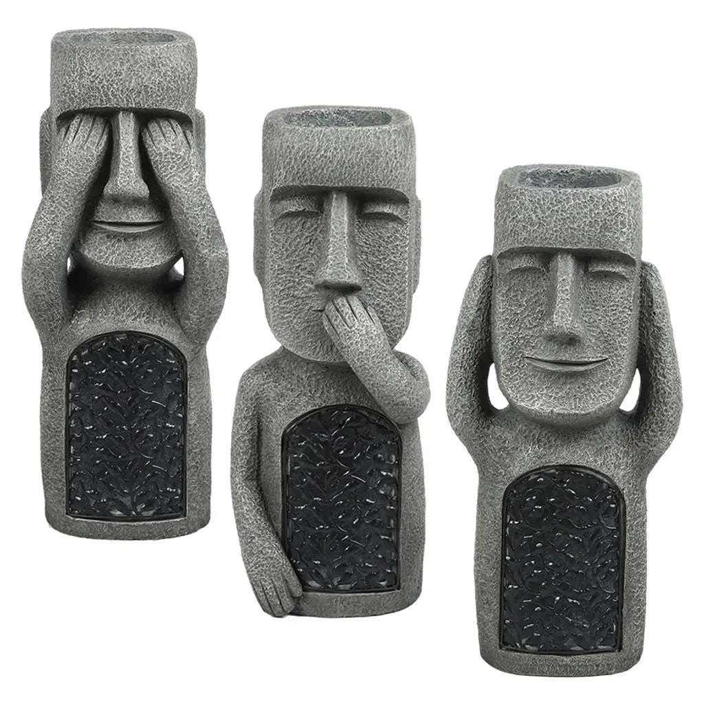statues moai décoratives extérieures pots fleurs texture pierre motif floral gris noir