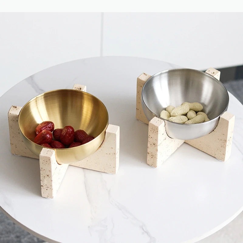 bol moderne or argent beige support imitation travertin fruits desserts minimaliste