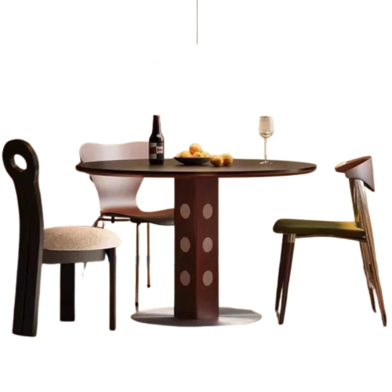 table ronde bois moderne 80cm diamètre 75cm hauteur marron points blancs pied centralisée