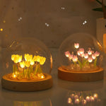 lampe décorative tulipe fleurs feuilles verre transparent base bois moderne minimaliste led ambiance chambre