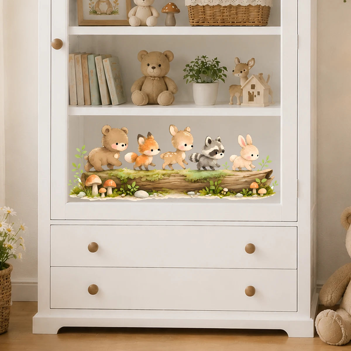 autocollant mural animaux forêt ours renard lapin écureuil enfantin cartoon marron beige gris blanc