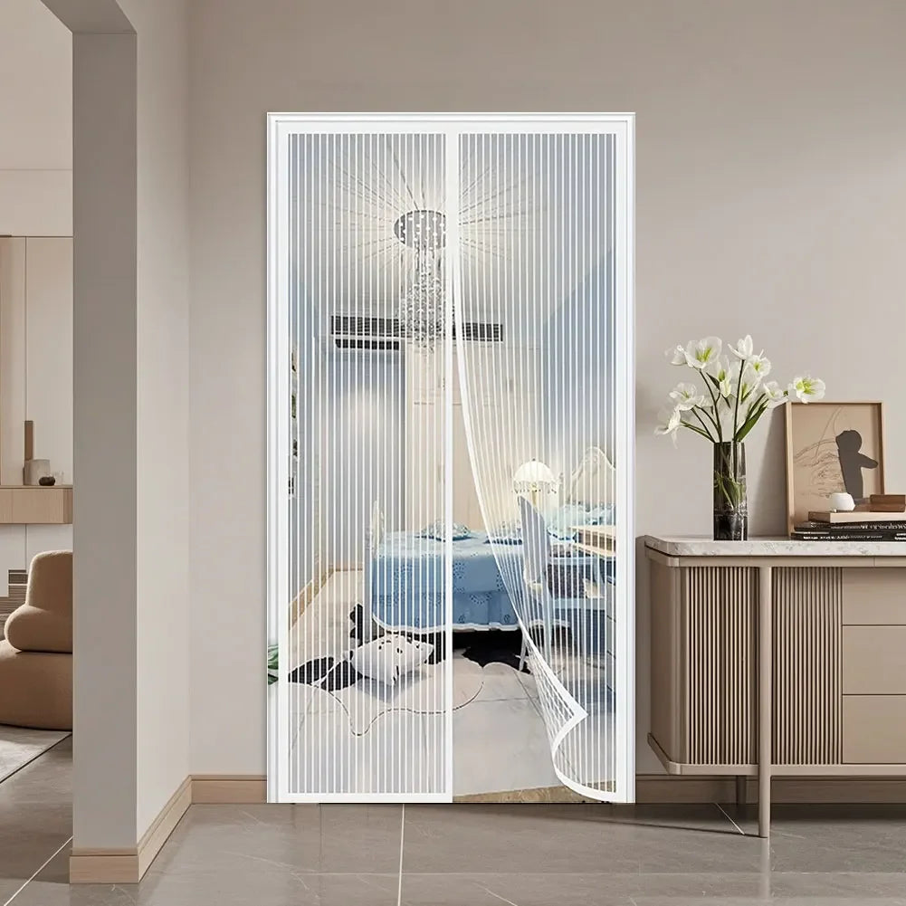 rideau magnétique blanc anti insectes porte mains libres clips opaques rayures modernes ventilation chambre