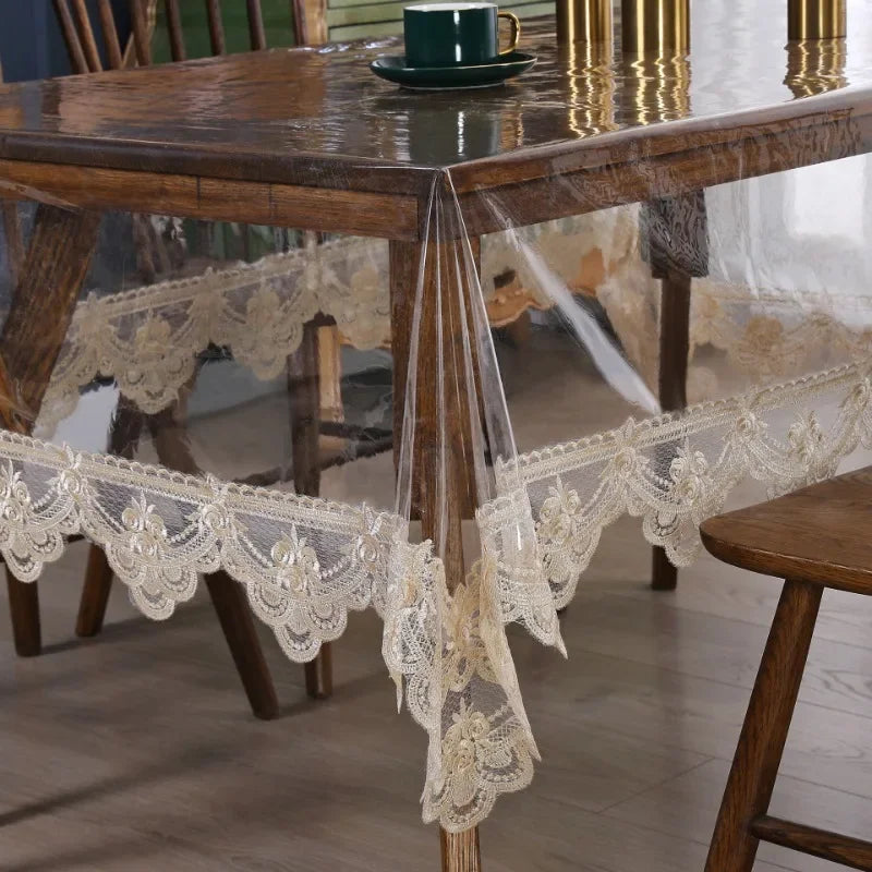 nappe table rectangulaire transparente dentelle beige pvc imperméable salle manger classique