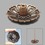 support encens fleur gravure bronze doré artisanal vintage salon yoga décoration bouddhiste