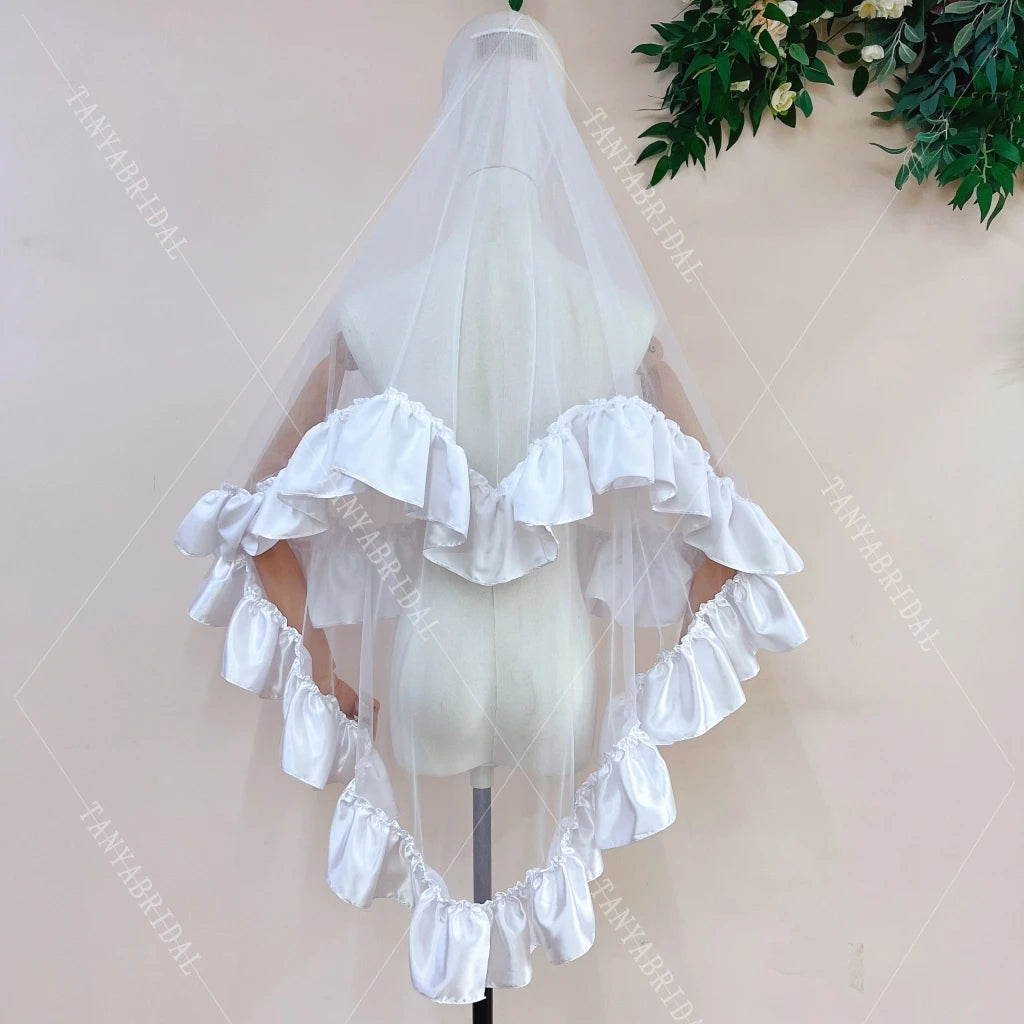 voile mariée blanc rose violet classique élégant volants polyester deux couches translucide
