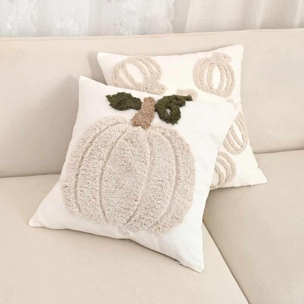 citrouille brodée halloween coussin blanc rustique automne texture épaisse polyester coton décoration sofa chambre