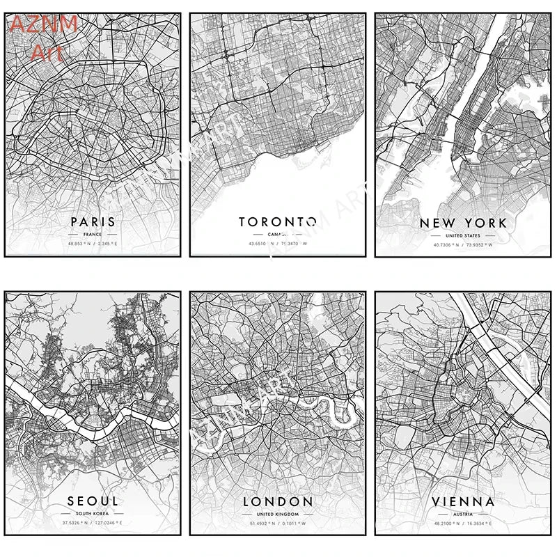 tableau toile noir blanc carte ville paris york décoration murale salon minimaliste