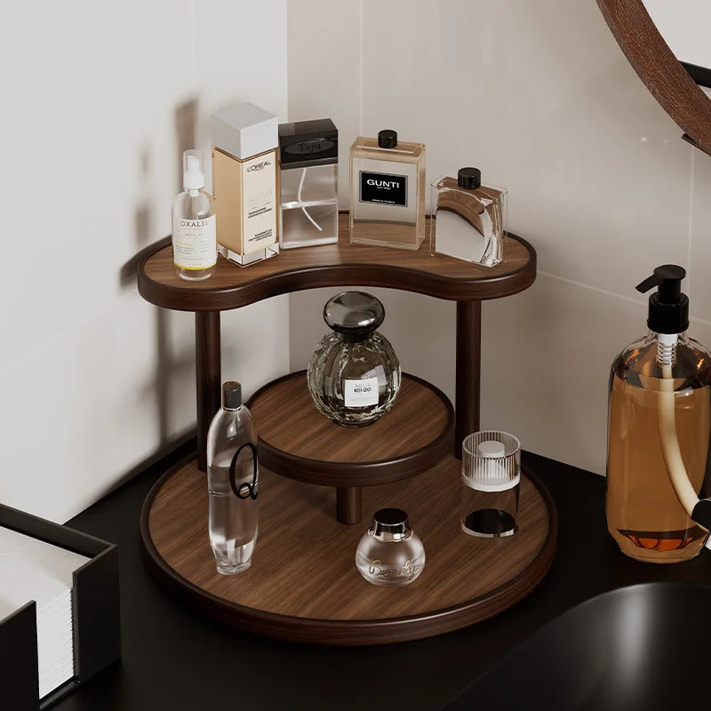 meuble rangement deux niveaux bois foncé minimaliste parfums cosmétiques accessoires