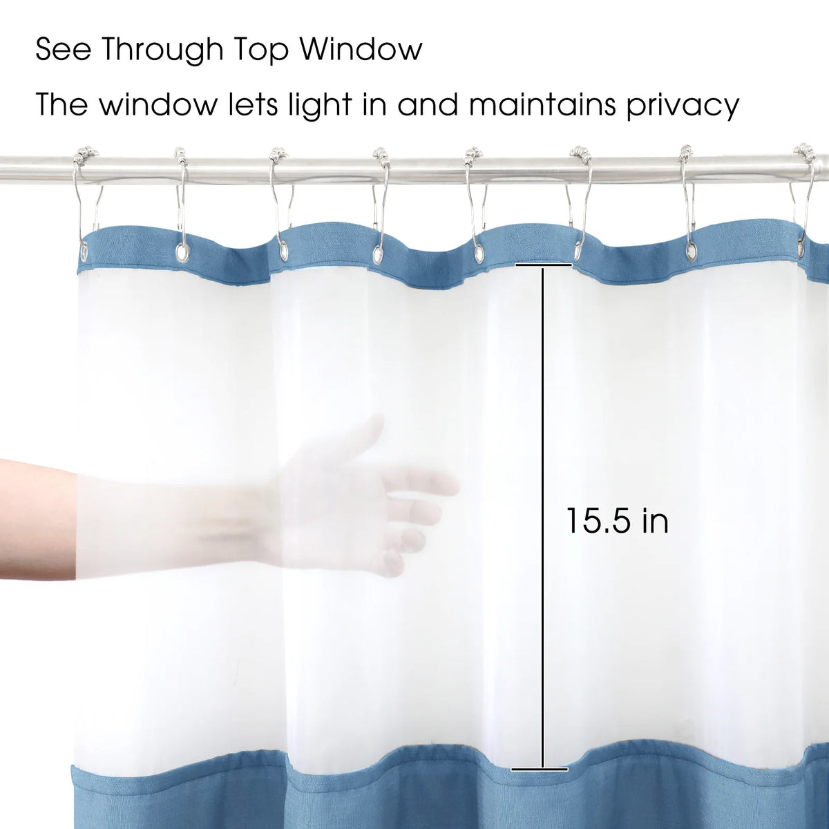 rideau douche moderne bleu clair imperméable double couche anneaux inox blanc opaquet gouttes d'eau