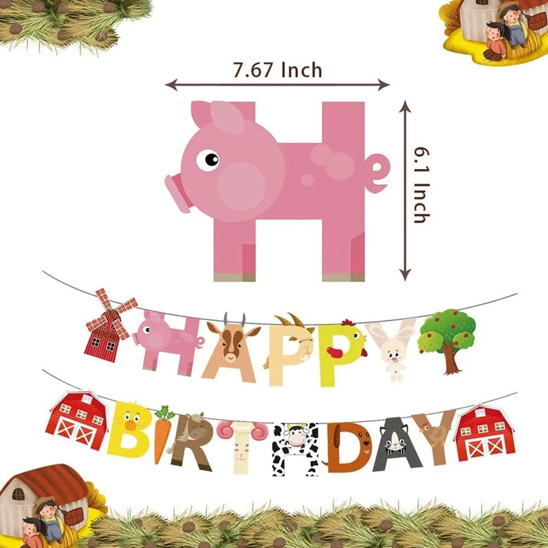 guirlande lettres happy birthday animaux fermiers décorative occasion anniversaire enfants porcs vaches poulets motifs