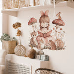 sticker mural illustration fille lisant rose beige marron cartoon adhésif chambre salon