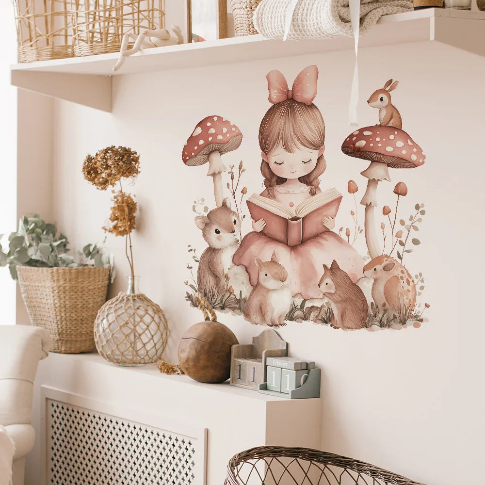 sticker mural illustration fille lisant rose beige marron cartoon adhésif chambre salon