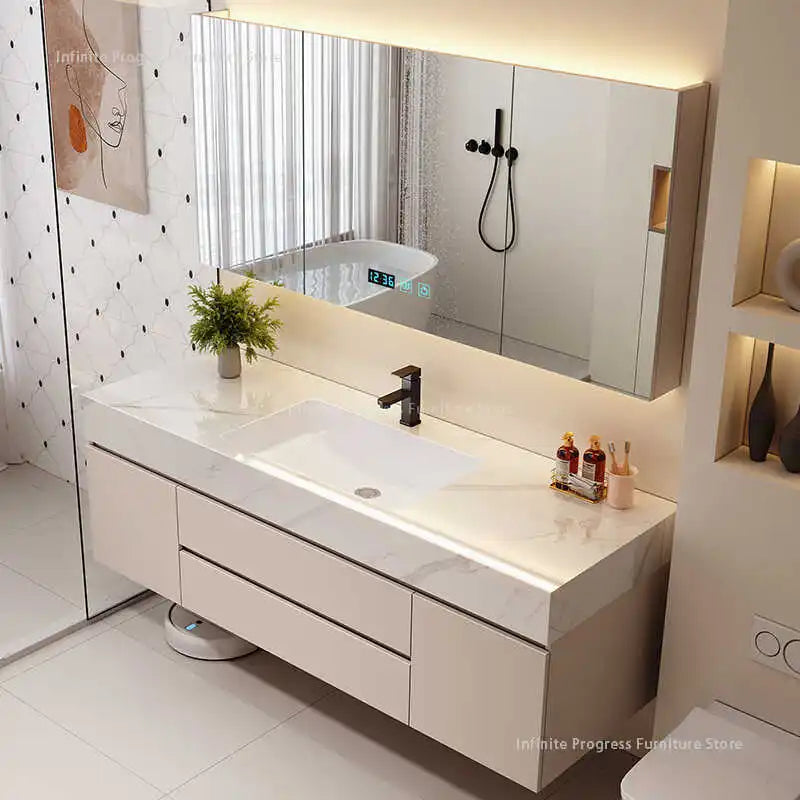 meuble salle bain blanc marbre moderne étagères miroir lumineux accessoires fixations murales