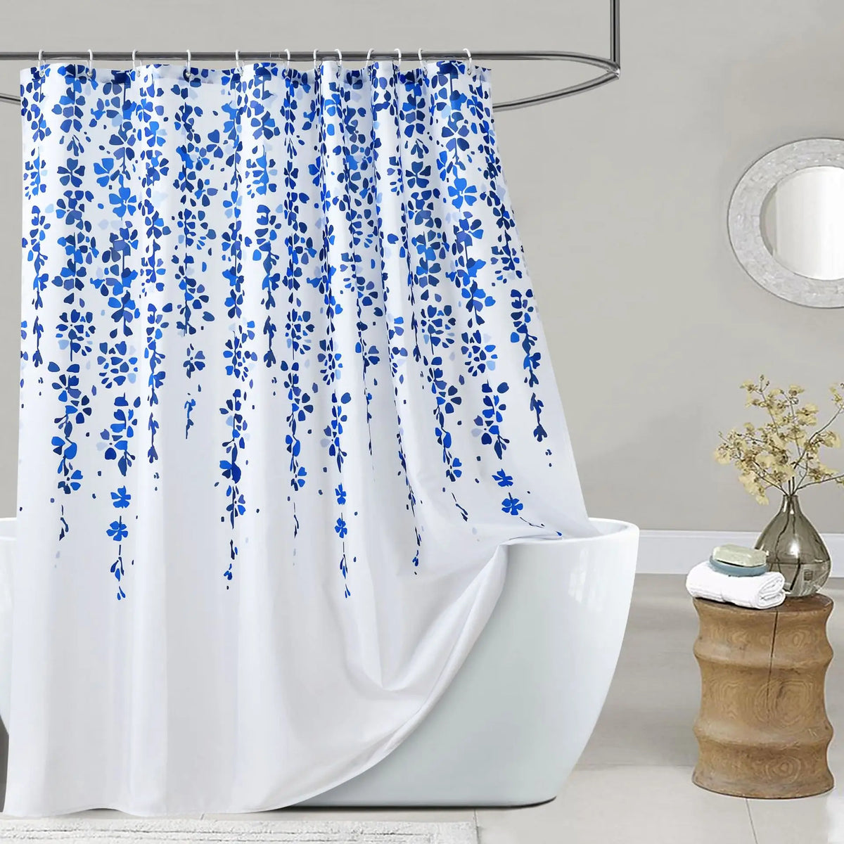 rideau douche tissu polyester blanc motif fleurs moderne élégant salle bain imperméable opaque