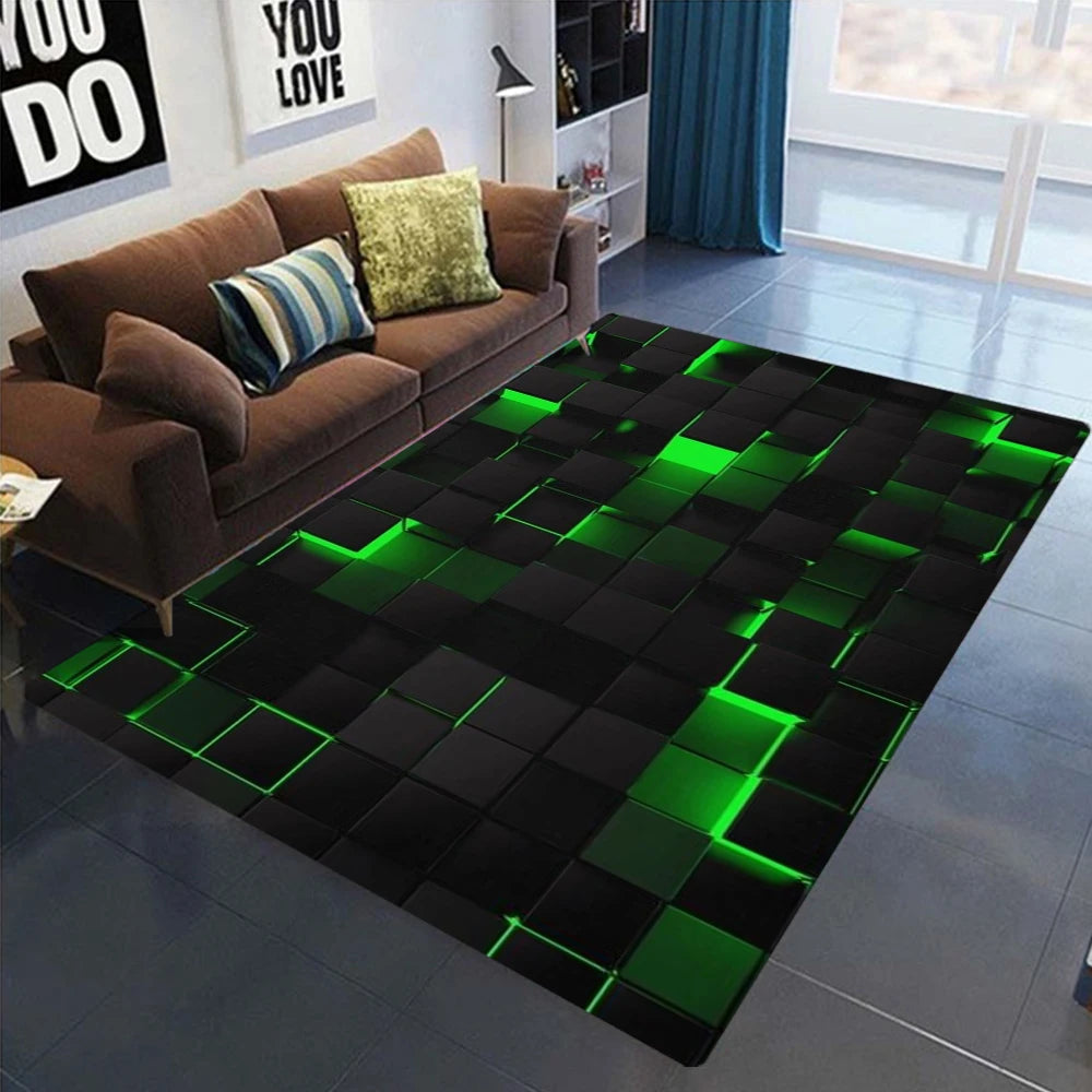 tapis salon moderne noir vert motif carreaux géométriques lumineux doux antidérapant grande taille décoratif
