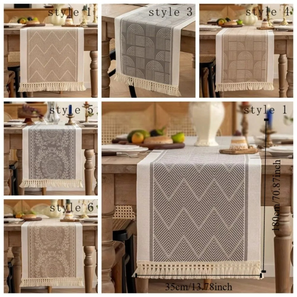 nappe table beige geometrique franges tissage rustique boheme abstrait 180cm 35cm